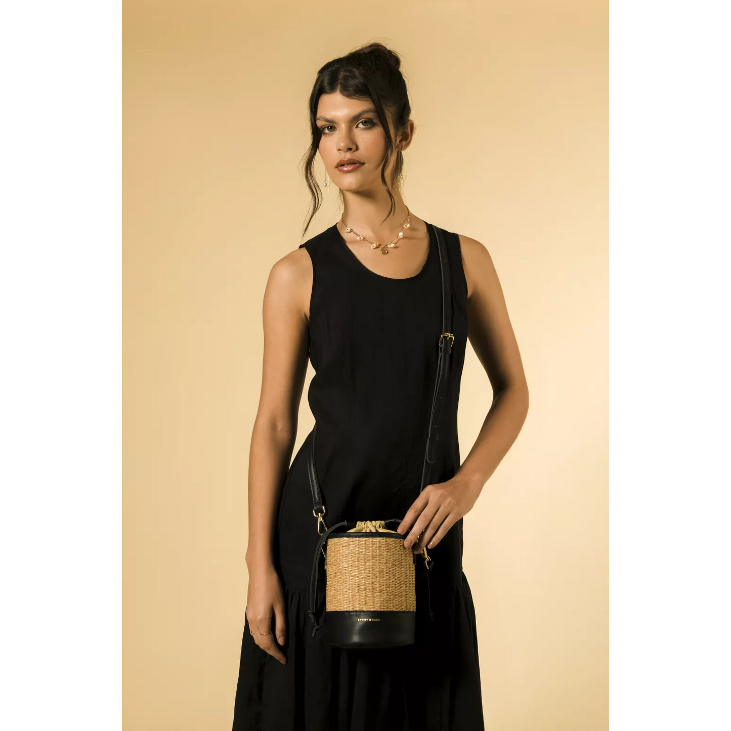 Soleil Rattan Bucket Bag - Black