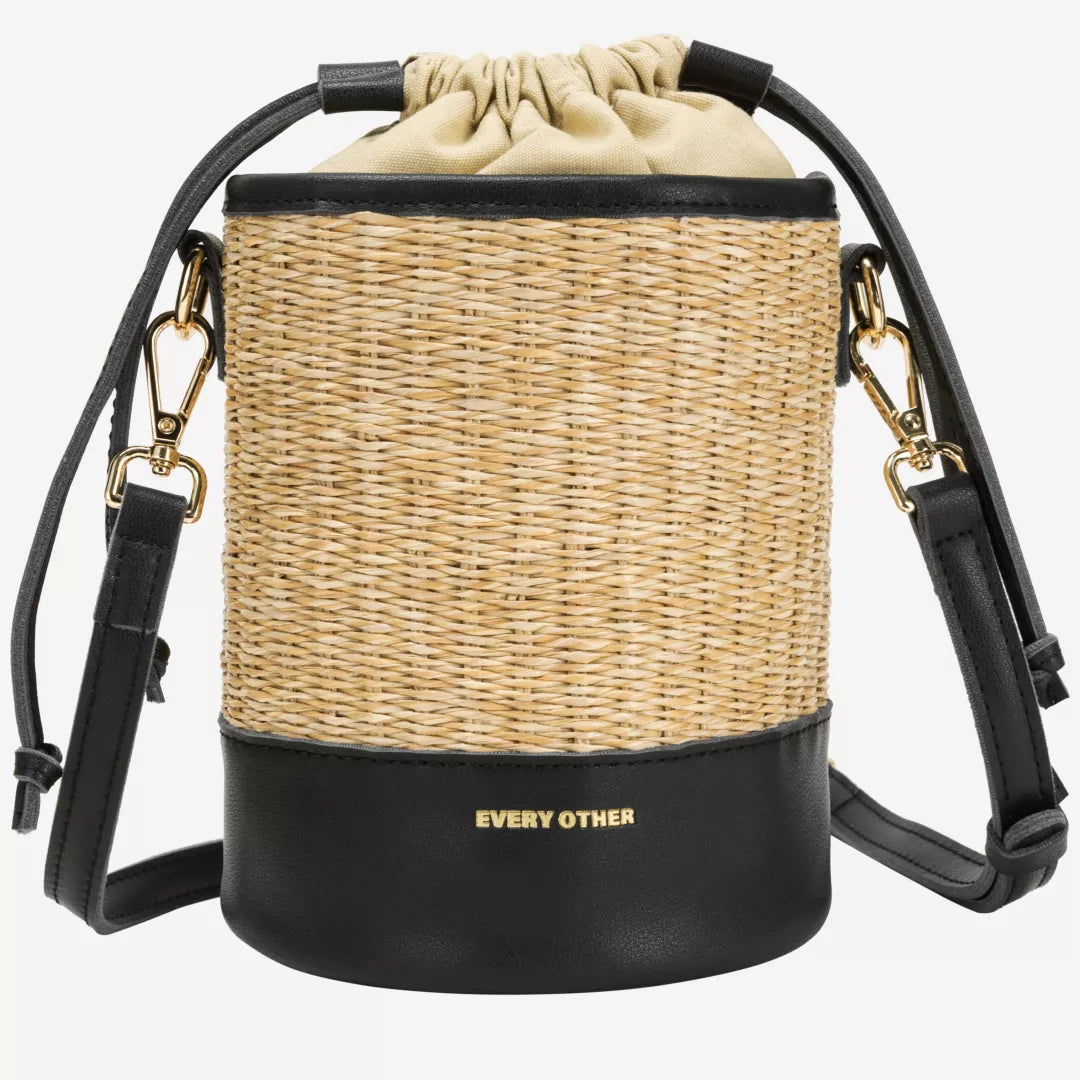 Soleil Rattan Bucket Bag - Black