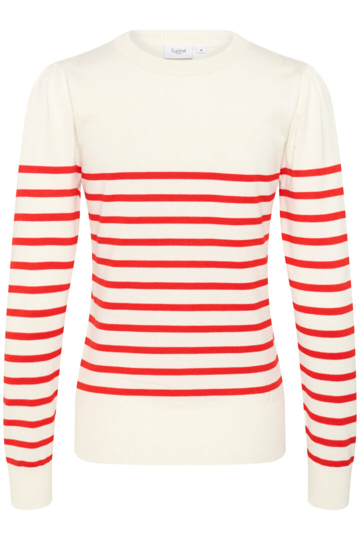 MilaSZ Long Sleeve Striped Pullover - Ice & F.Scarlet Stripe