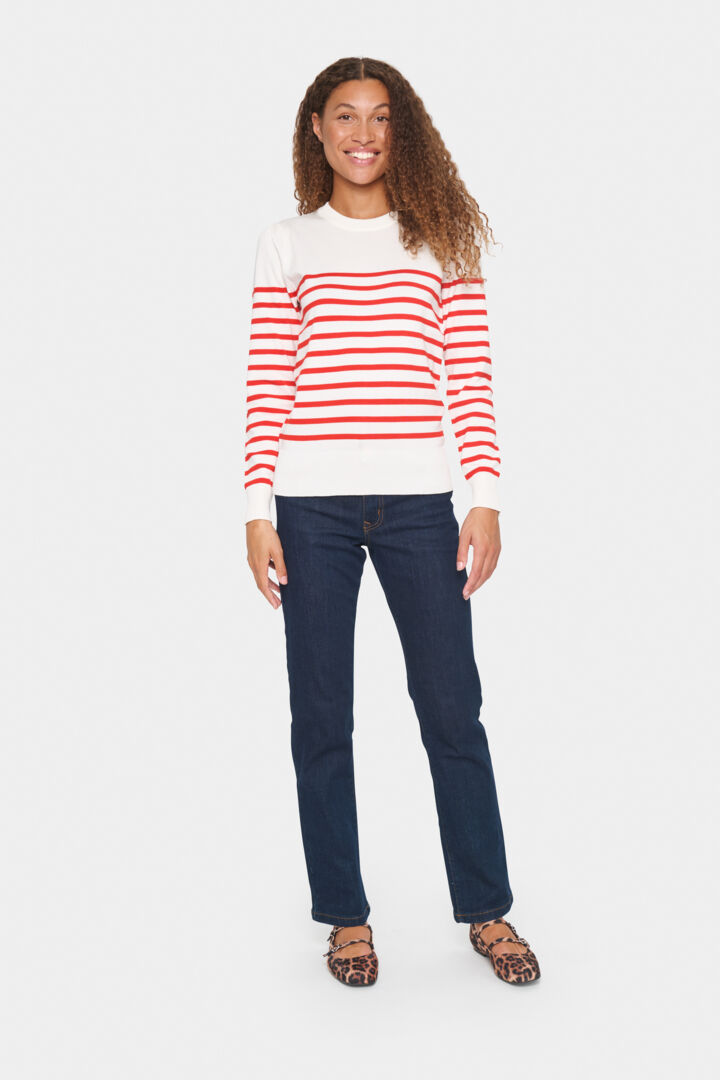 MilaSZ Long Sleeve Striped Pullover - Ice & F.Scarlet Stripe