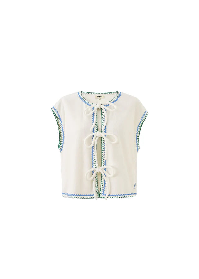 Domenico Velour Tie Front Top - White