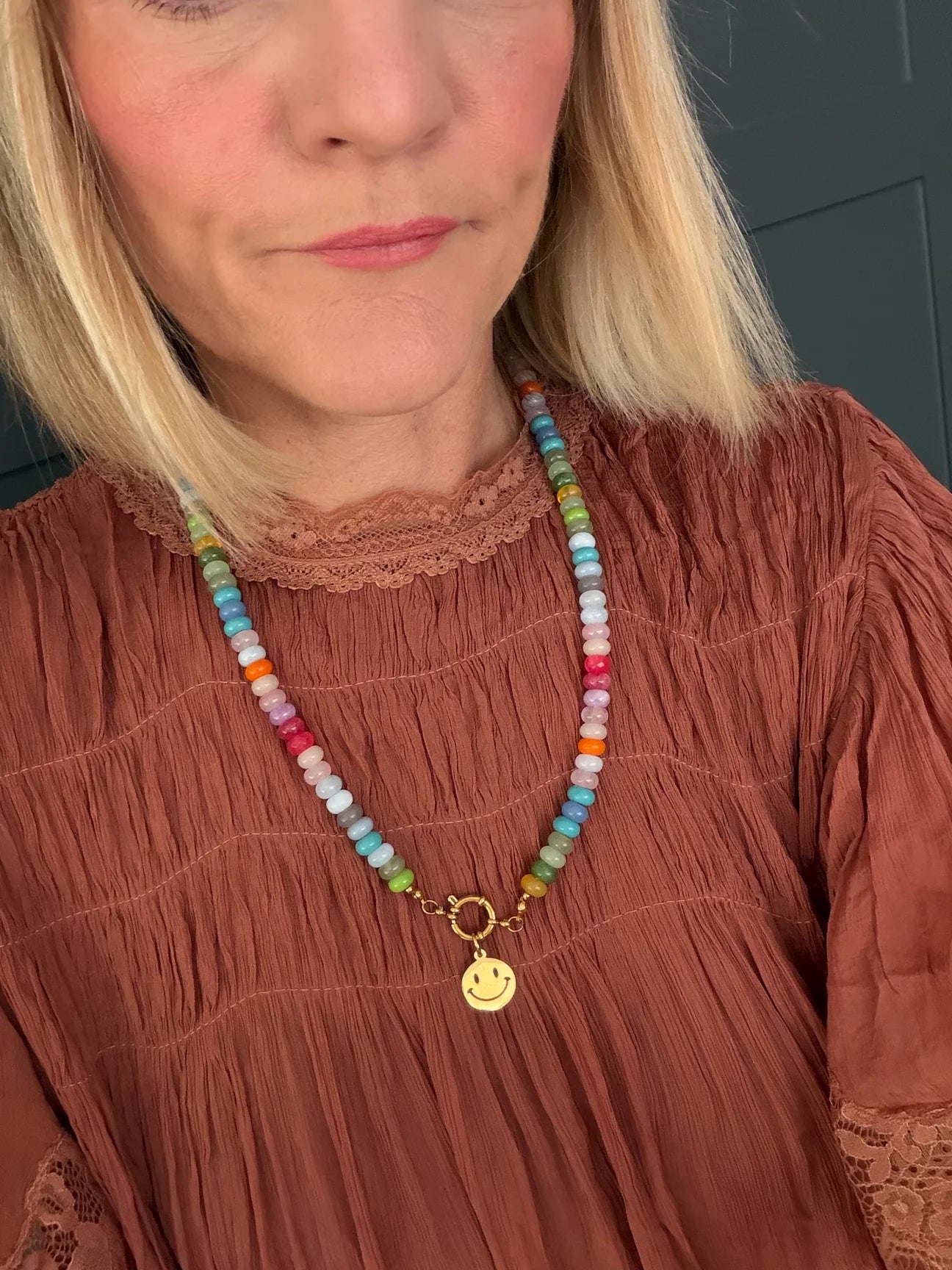 Longer Length Gold Smile Soft Pastel Candy Bead Necklace