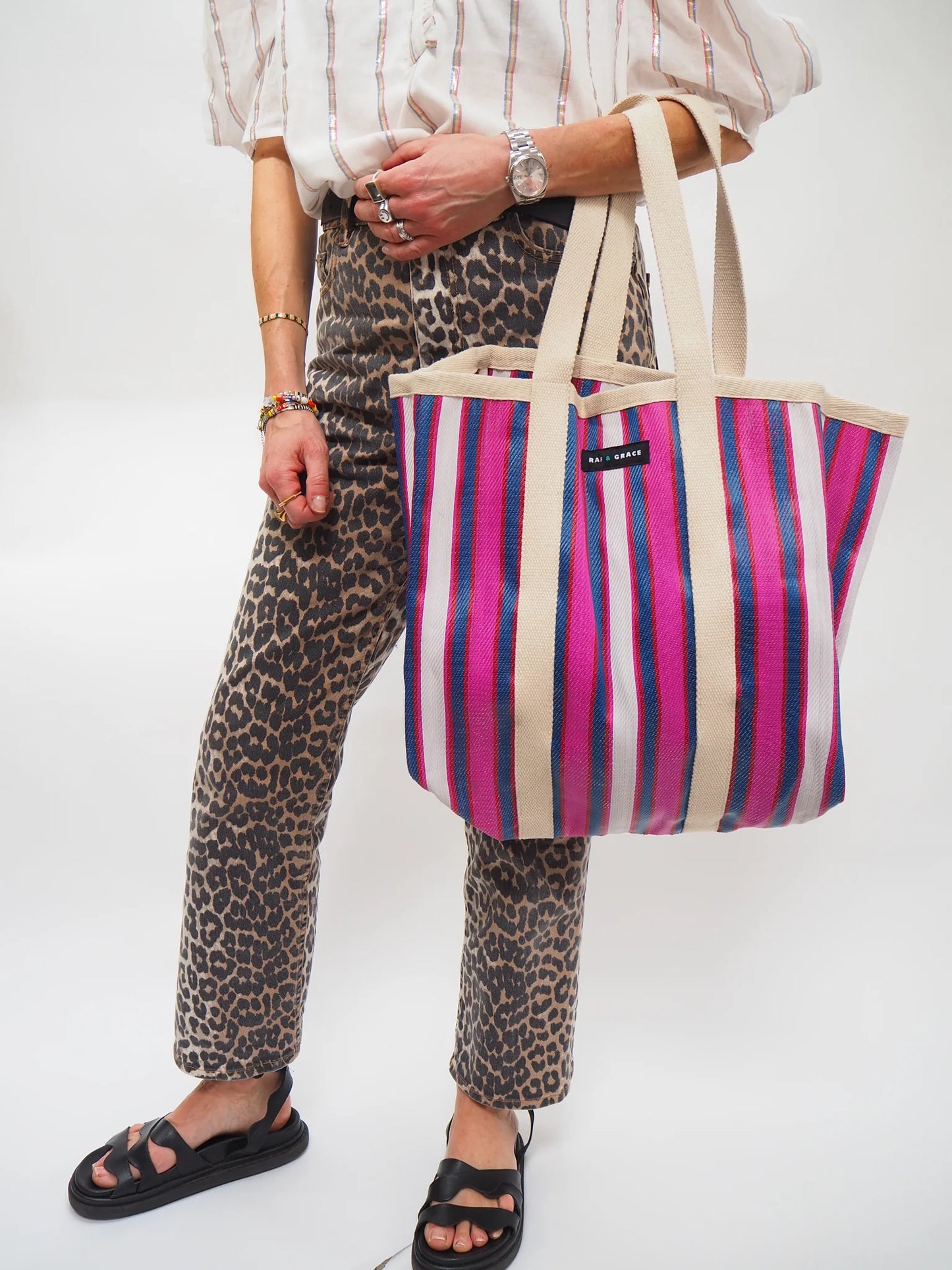 Large Recycled Plastic Blue & Purple Stripe Shopper
