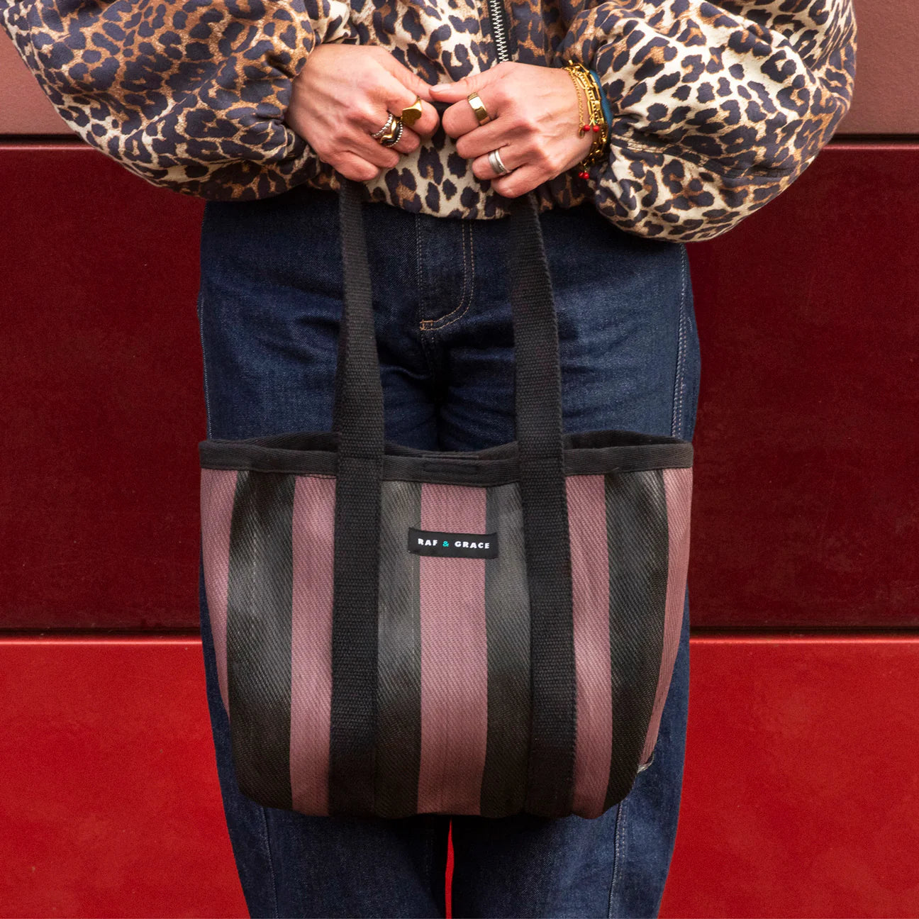 Recycled Plastic Fig Brown & Black Striped Mini Shopper Bag