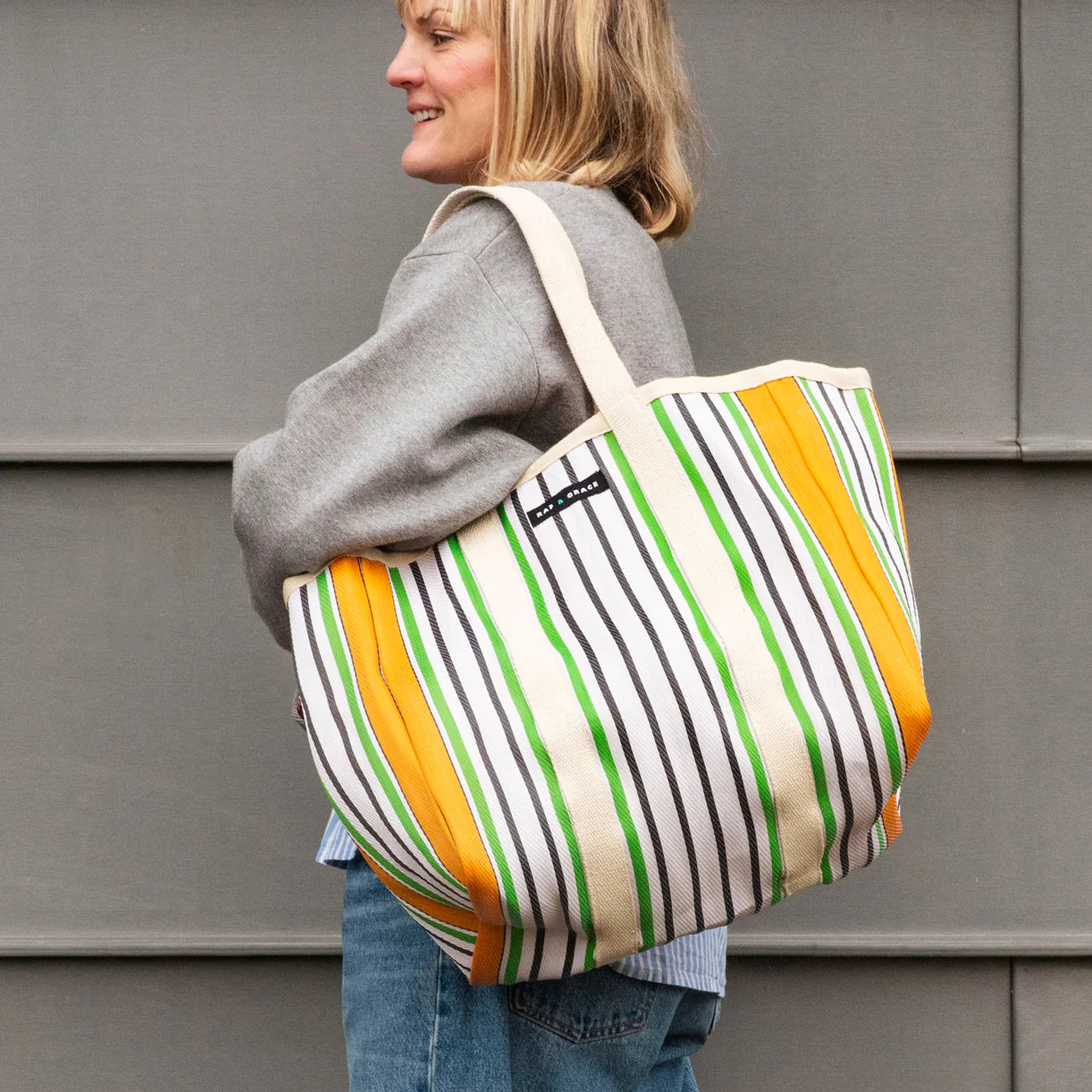 Large Recycled Plastic Ecru & Green Stripe Shopper