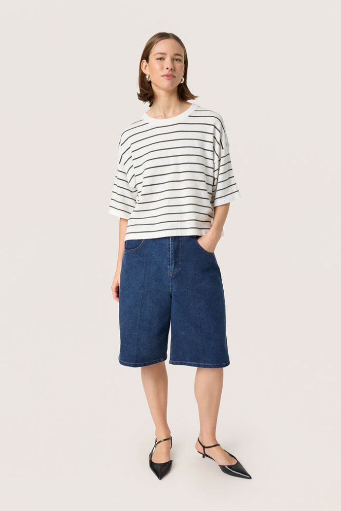 SLSpina Boxy Pullover - White With Grape Leaf Stripe