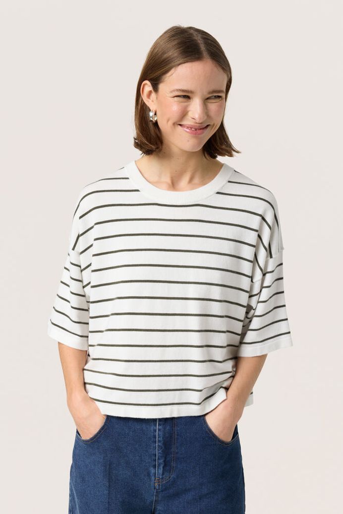 SLSpina Boxy Pullover - White With Grape Leaf Stripe