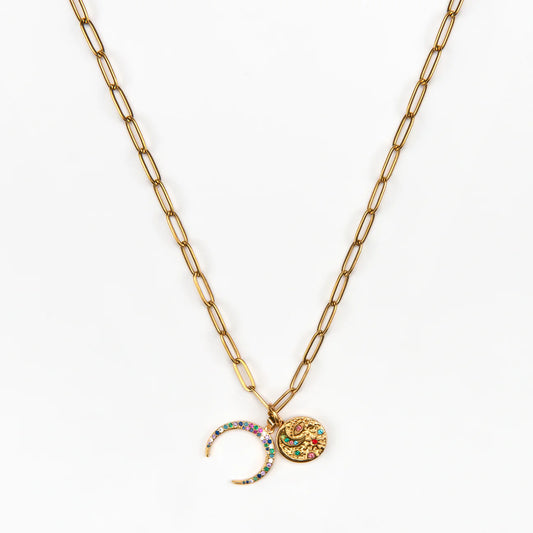 Long Moon & Stars Necklace - Gold Plated