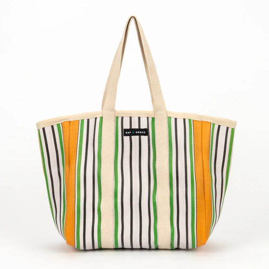 Large Recycled Plastic Ecru & Green Stripe Shopper