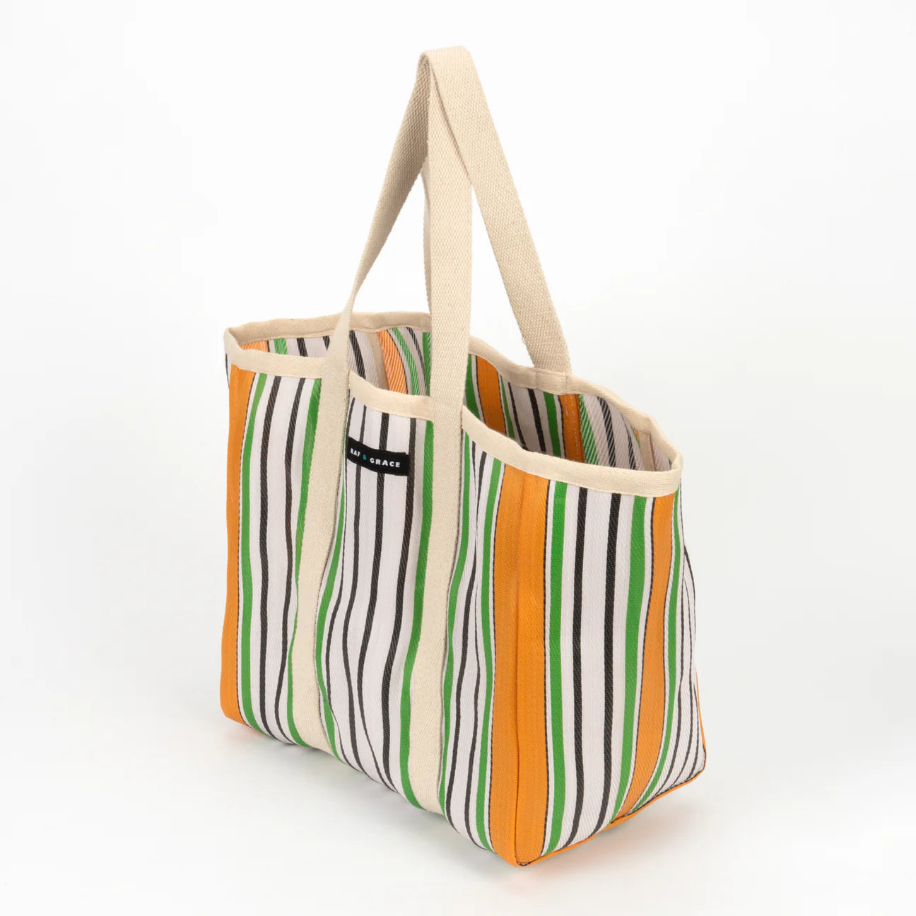 Large Recycled Plastic Ecru & Green Stripe Shopper