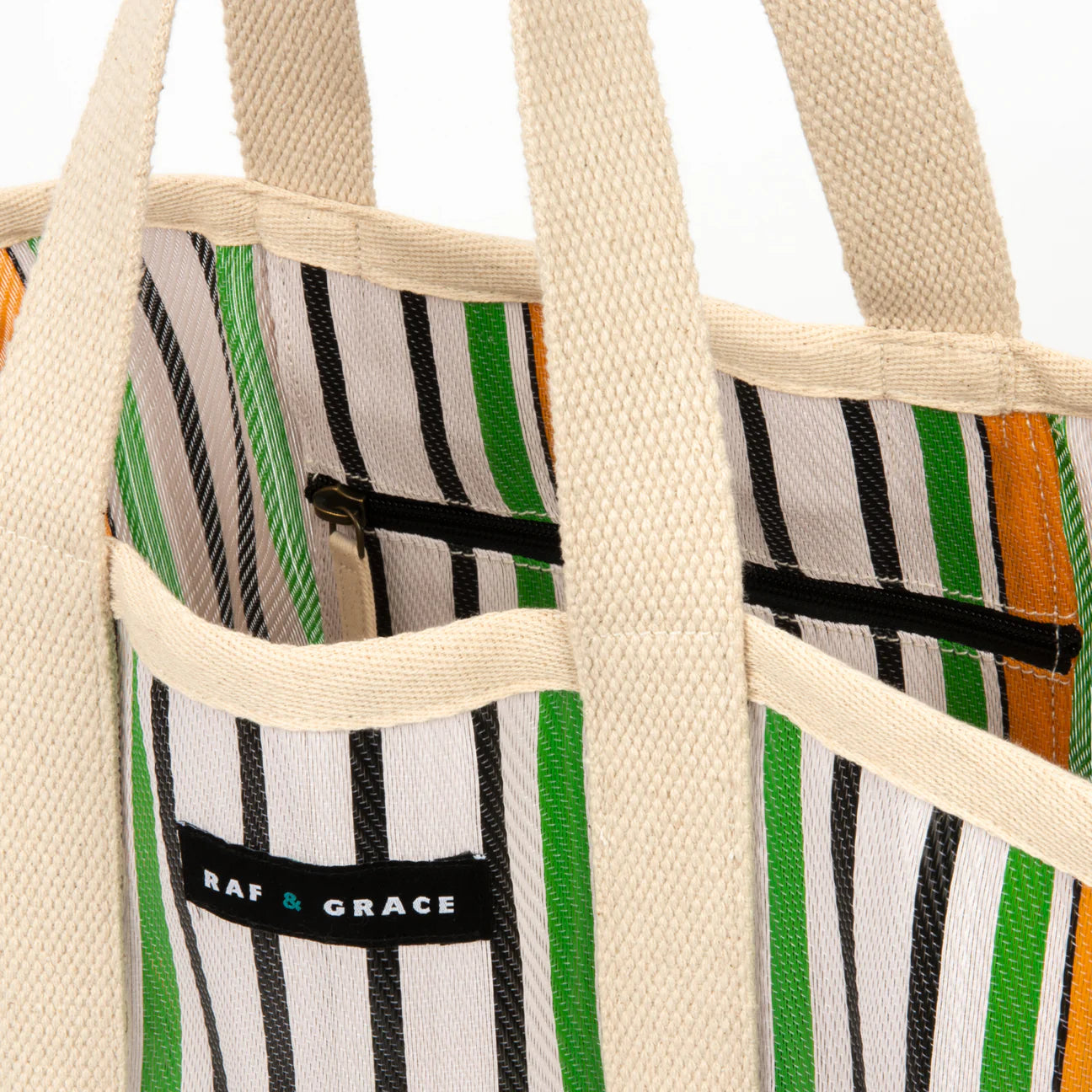 Large Recycled Plastic Ecru & Green Stripe Shopper
