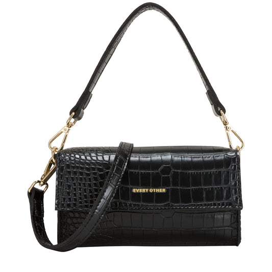 Croc Flap Over Shoulder Crossbody - Black