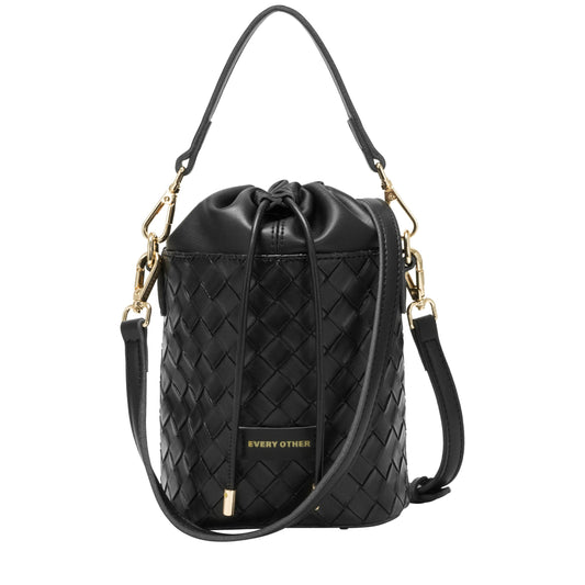 Woven Drawstring Bucket Bag - Black