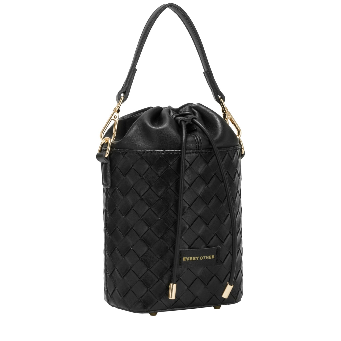 Woven Drawstring Bucket Bag - Black