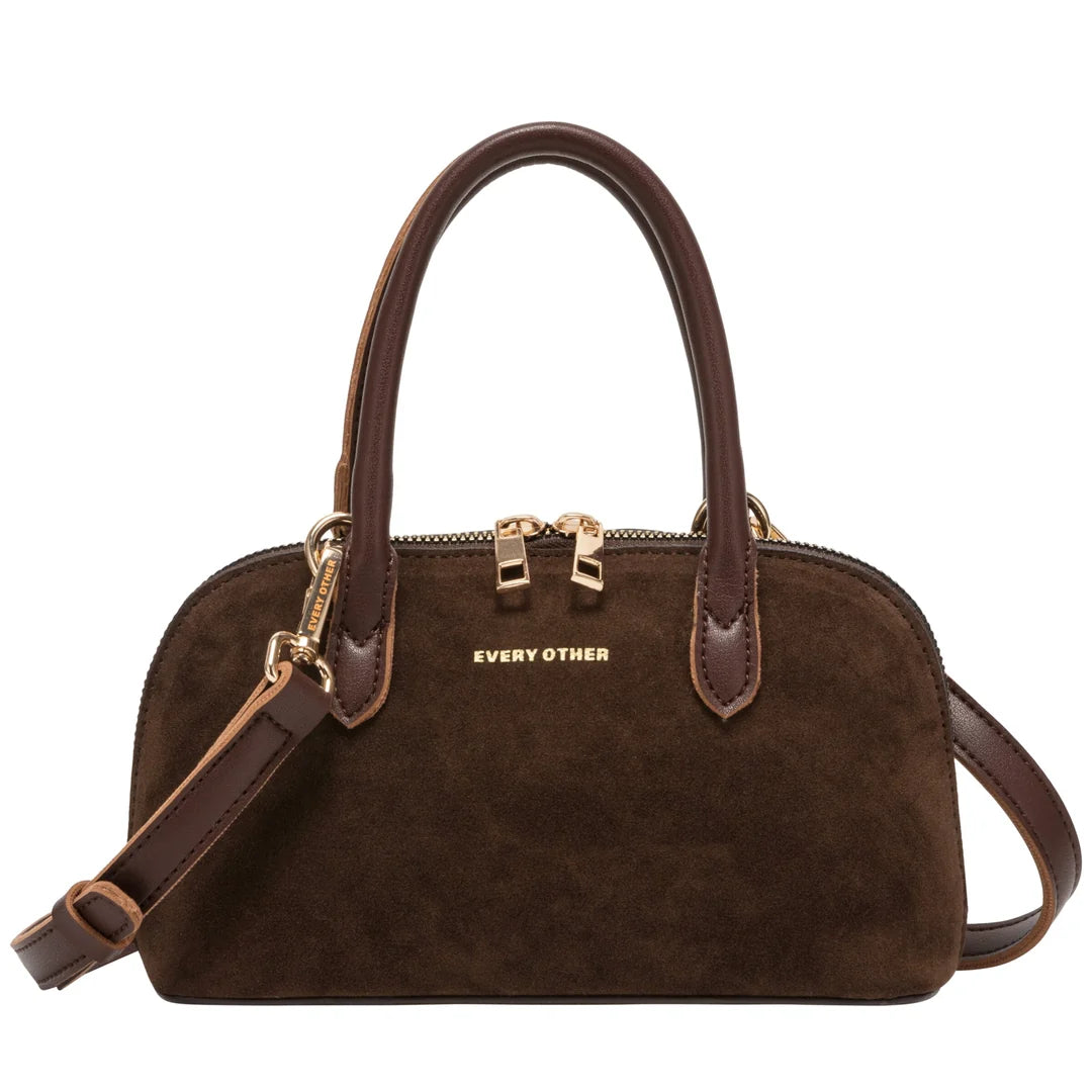 Suede Effect Mini Bowling Bag - Brown