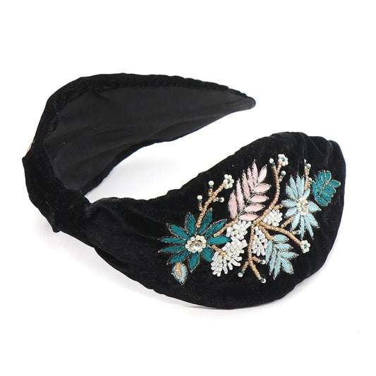 Floral Beaded Headband - Black