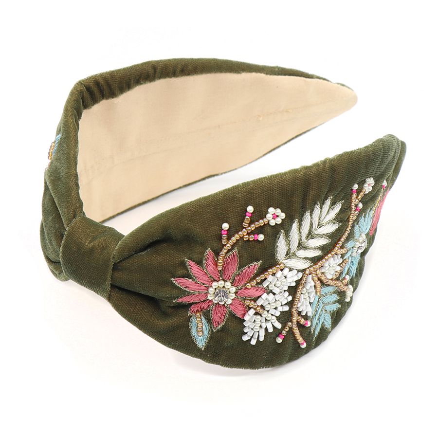 Floral Beaded Headband - Sage Green