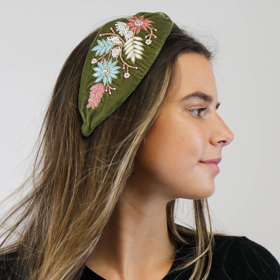 Floral Beaded Headband - Sage Green