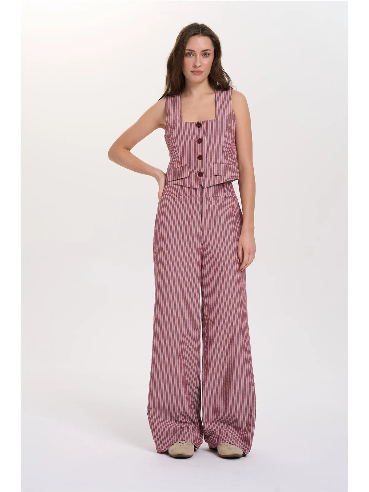 Wide Leg Striped Trousers -Bordeaux
