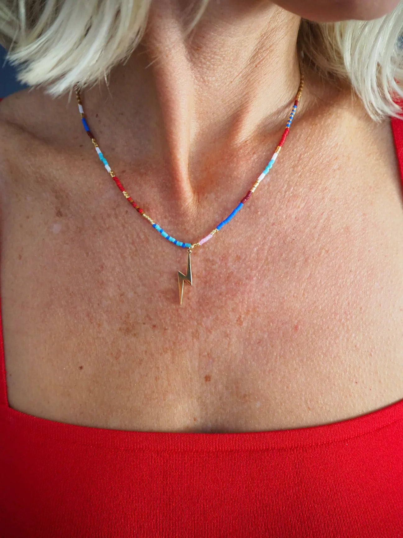 Fine Beaded  Lightning Bolt Necklace - Gold