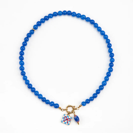 Bright Blue Clemence Beaded Necklace - Blue Bead & Kitty Bow Charms