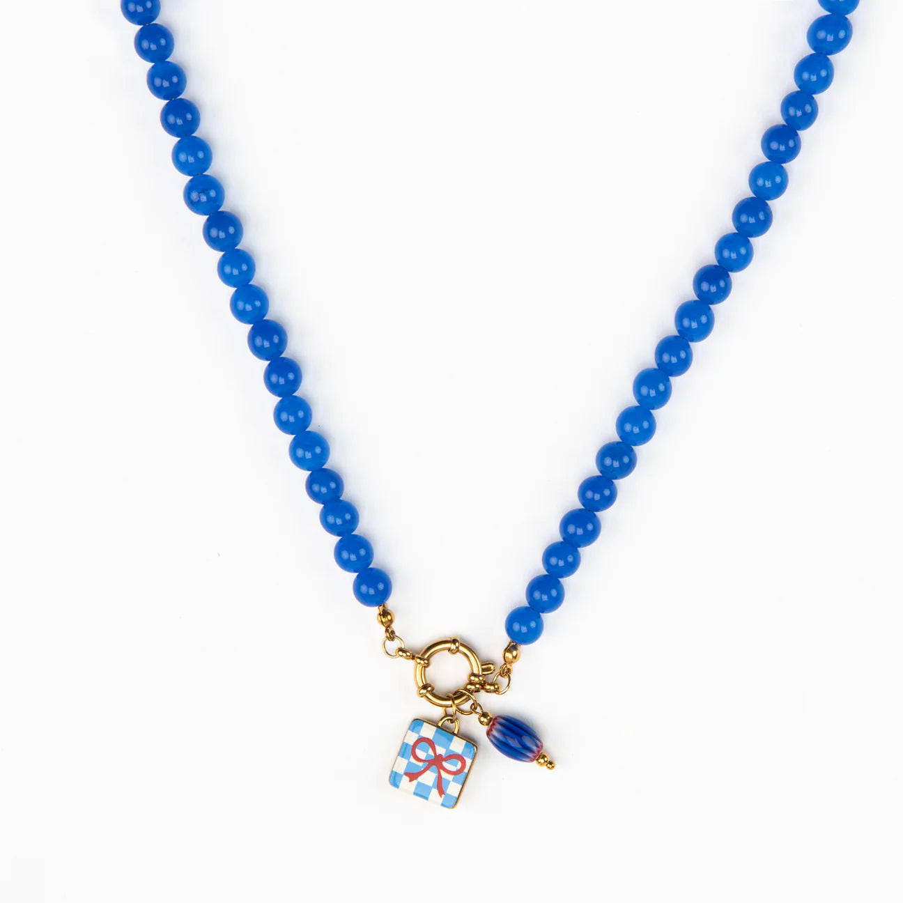 Bright Blue Clemence Beaded Necklace - Blue Bead & Kitty Bow Charms
