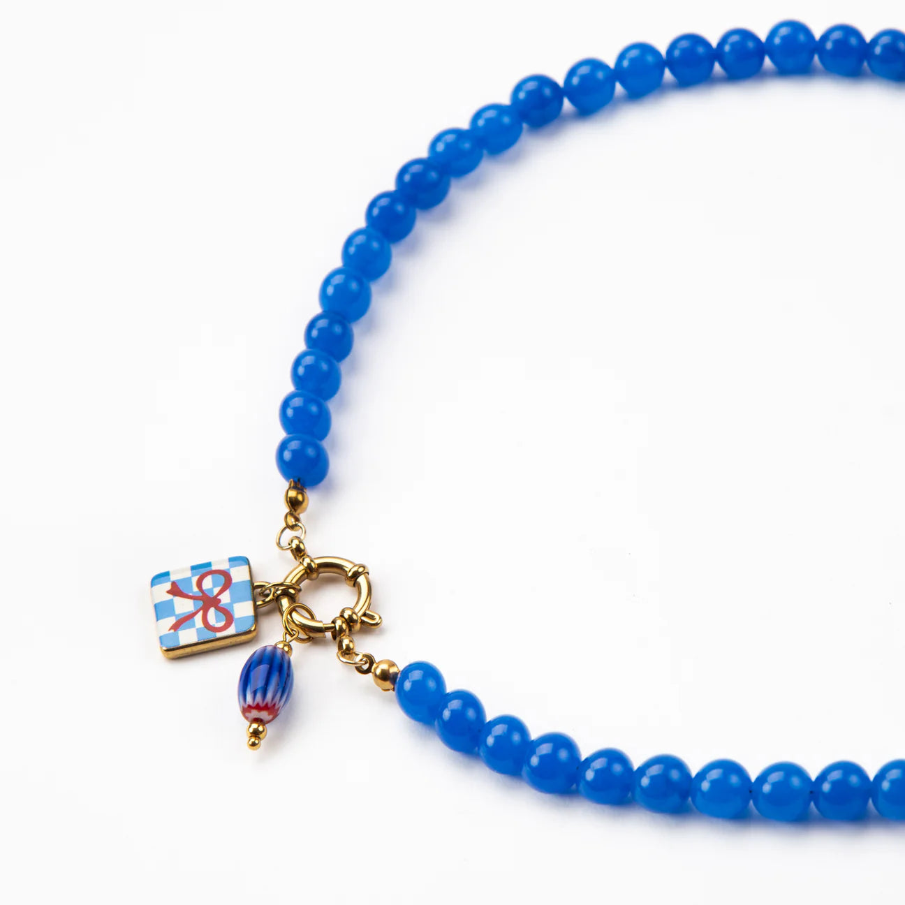 Bright Blue Clemence Beaded Necklace - Blue Bead & Kitty Bow Charms