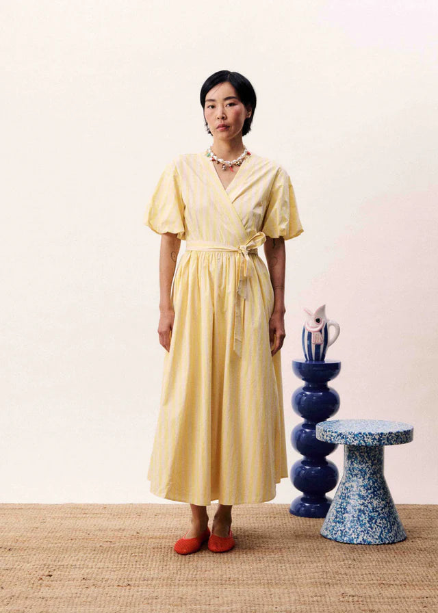 Queen Wrap Dress - Butter Yellow Stripe