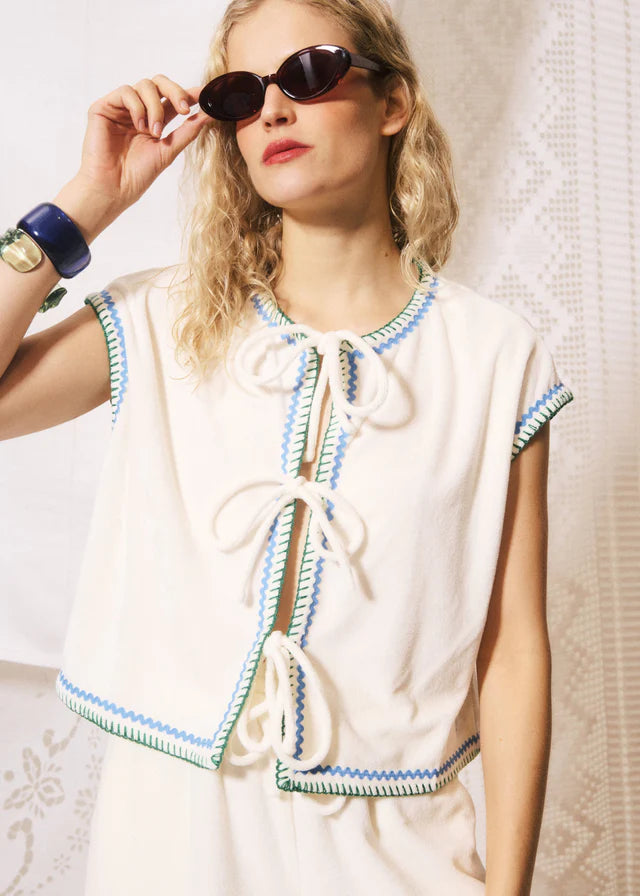 Domenico Velour Tie Front Top - White