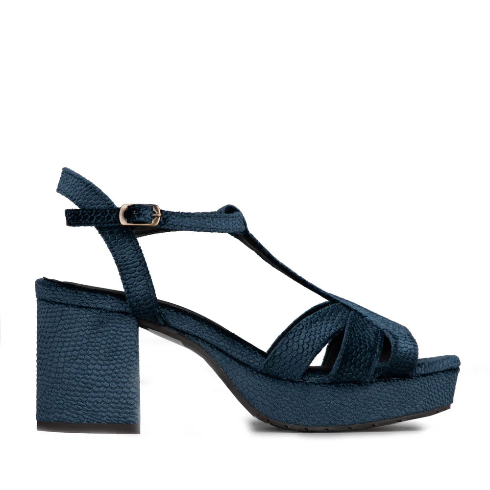 Charlie Mid Heel T - Bar Sandals - Velvet Blue