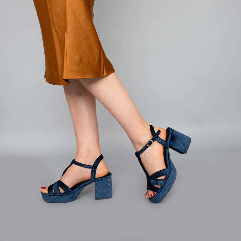 Charlie Mid Heel T - Bar Sandals - Velvet Blue