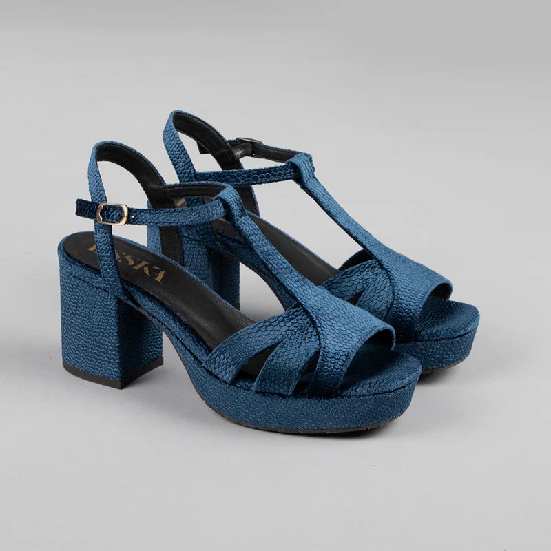 Charlie Mid Heel T - Bar Sandals - Velvet Blue