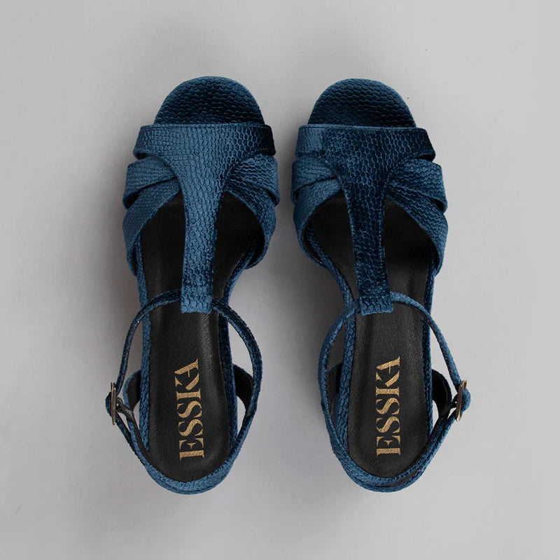 Charlie Mid Heel T - Bar Sandals - Velvet Blue