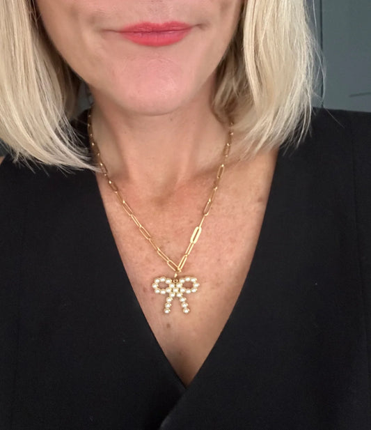 Stella Pearl Bow Necklace - Gold Plated