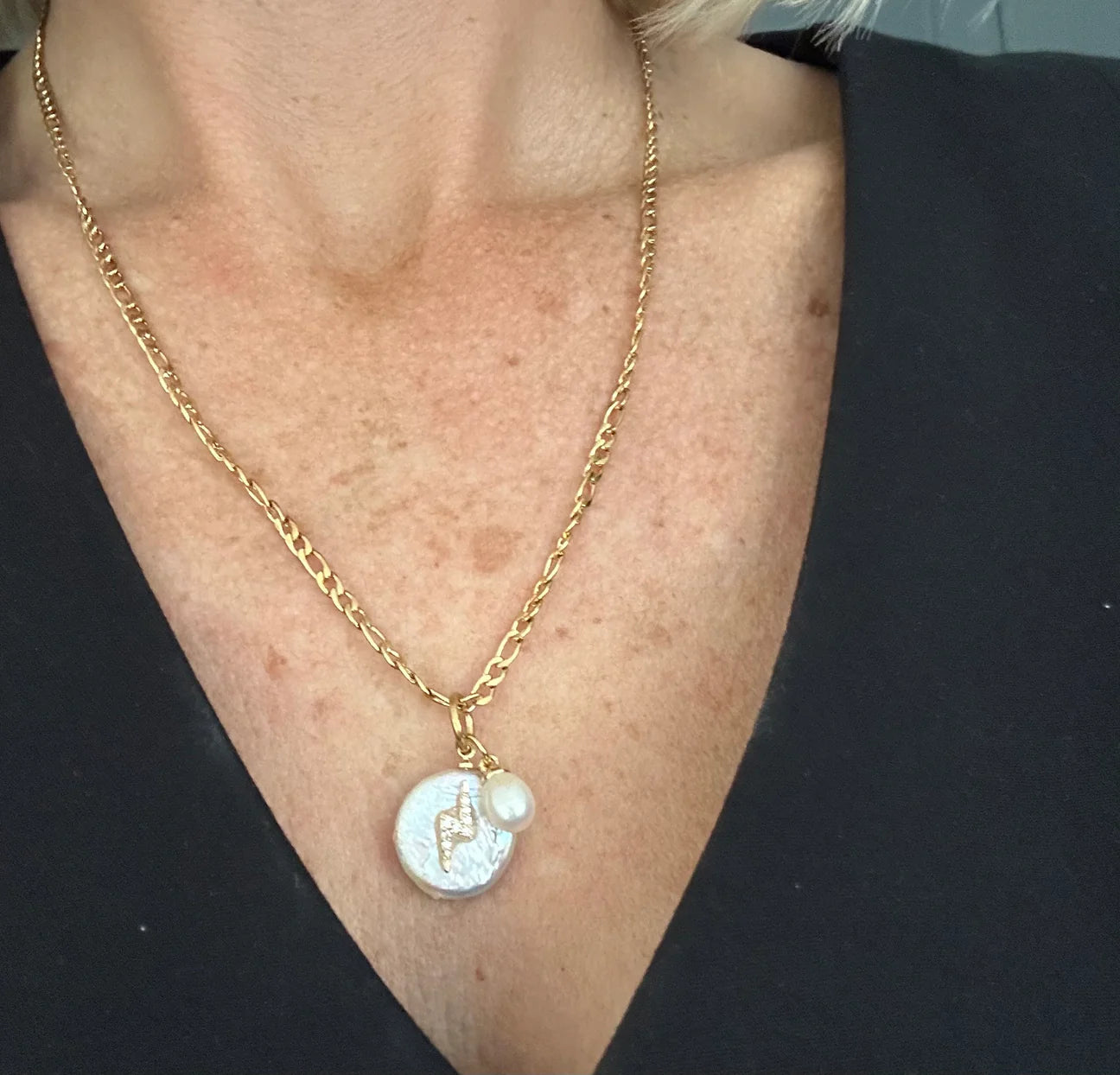 Iris Gold Plated Pearl Lightening Bolt Necklace - Gold