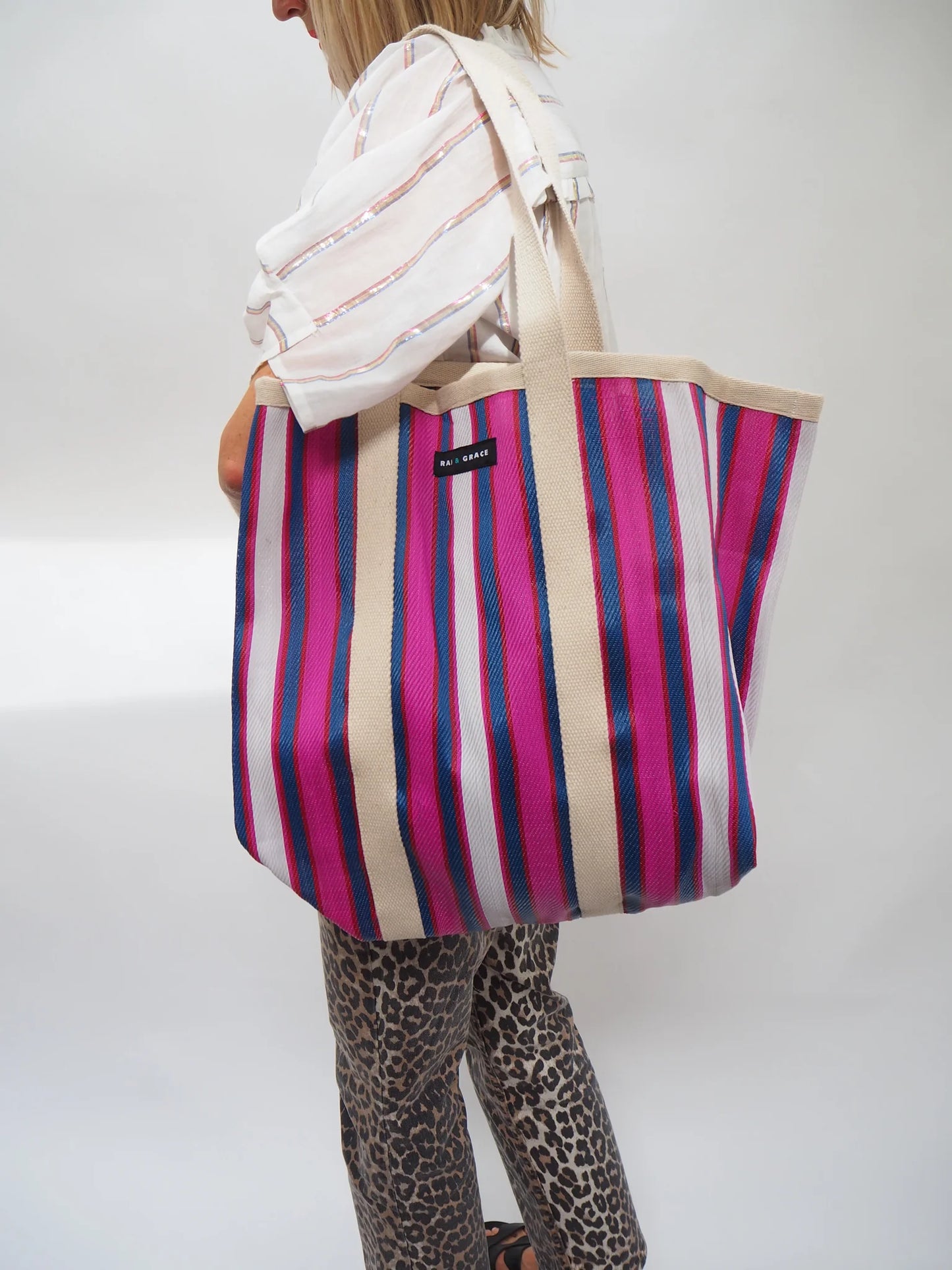Large Recycled Plastic Blue & Purple Stripe Shopper