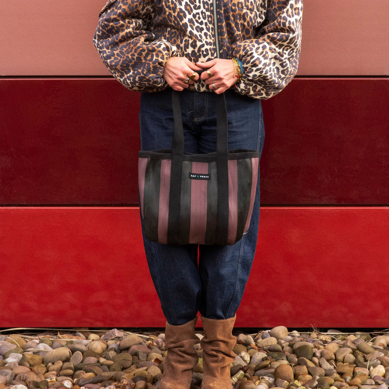 Recycled Plastic Fig Brown & Black Striped Mini Shopper Bag