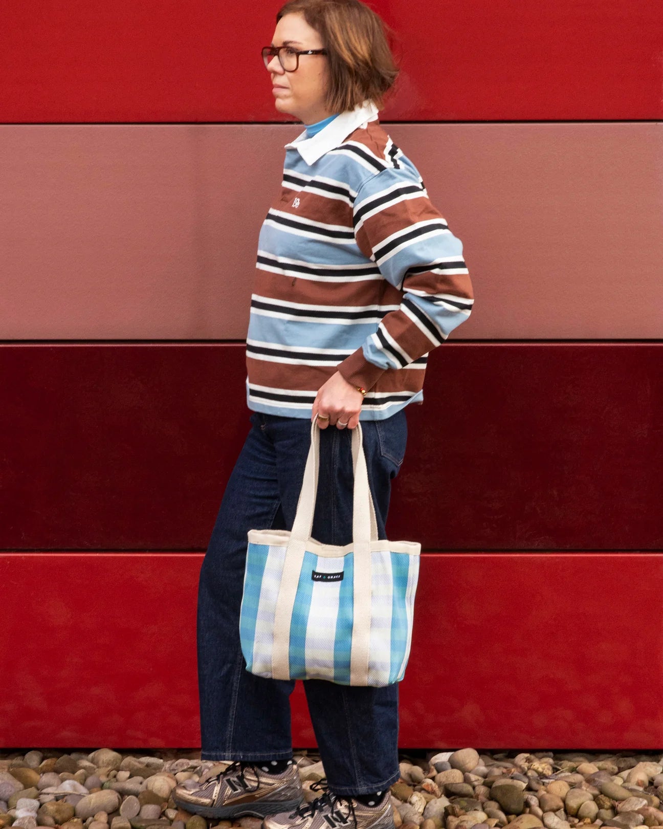 Recycled Plastic Sky Blue & Ecru Striped Mini Shopper Bag