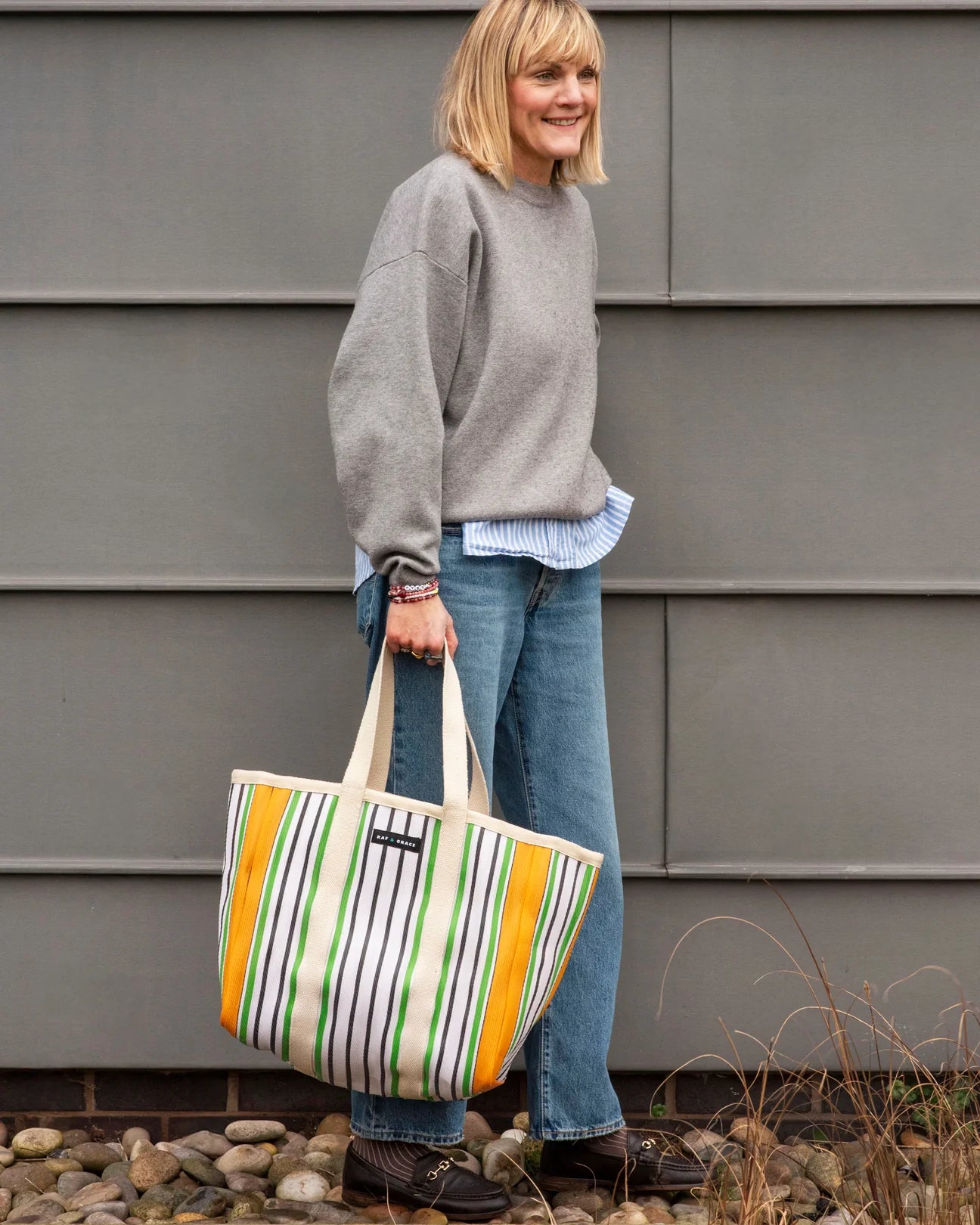 Large Recycled Plastic Ecru & Green Stripe Shopper