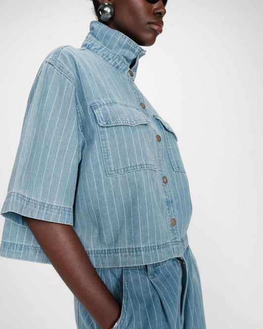 Vita Cropped Denim Shirt - Striped Blue