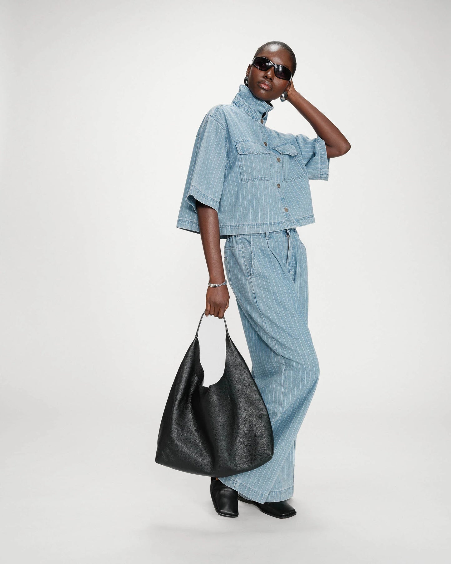 Vita Cropped Denim Shirt - Striped Blue