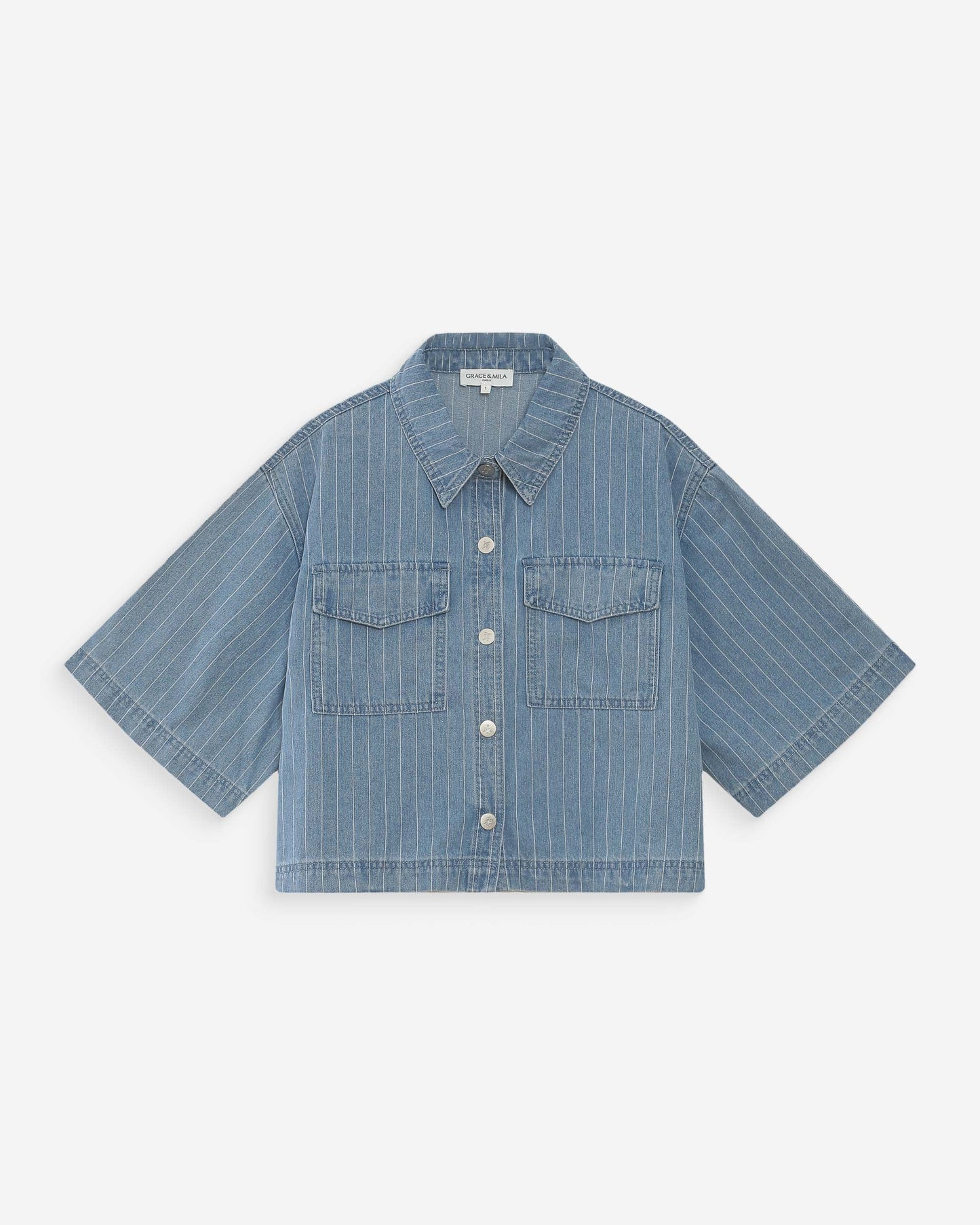 Vita Cropped Denim Shirt - Striped Blue
