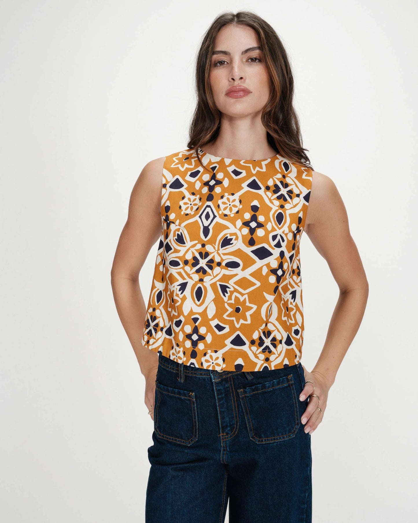 Venise Straight Printed Top - Cognac
