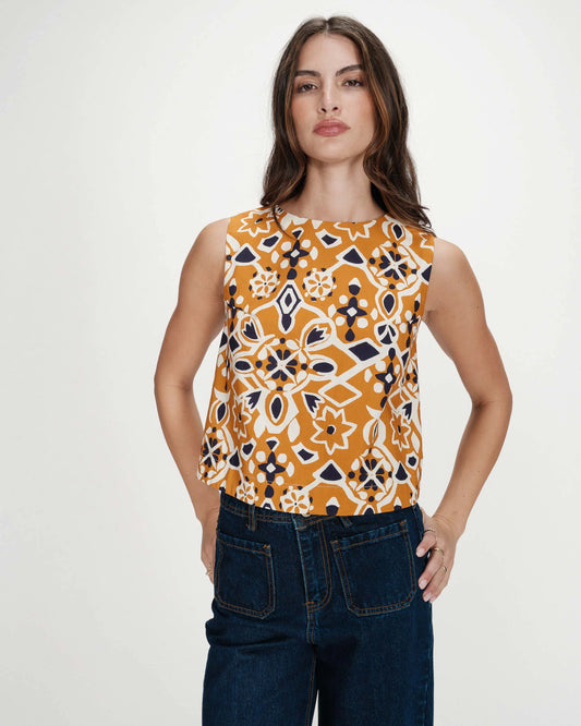 Venise Straight Printed Top - Cognac