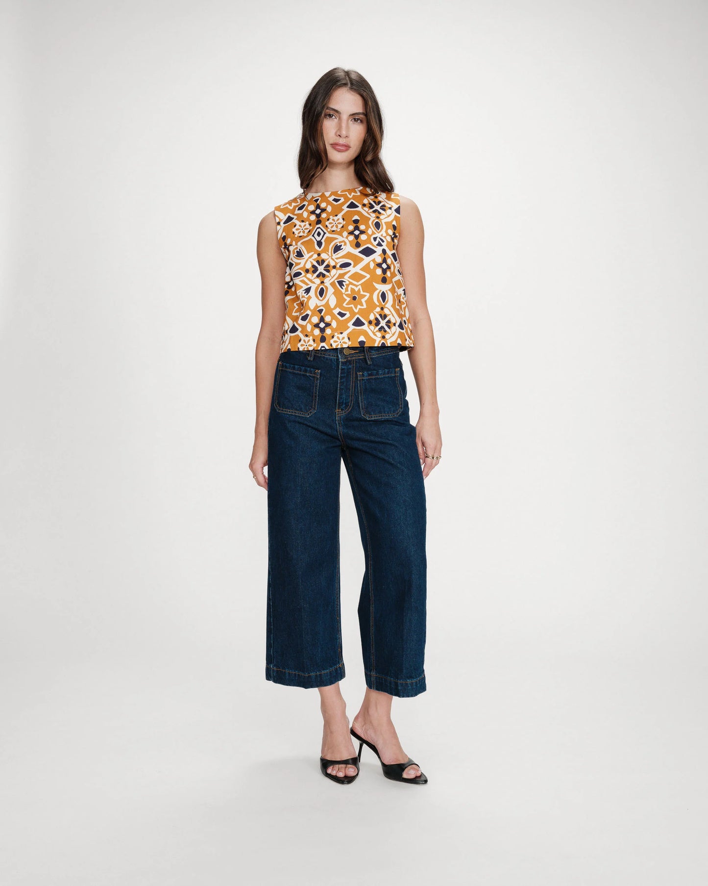 Venise Straight Printed Top - Cognac