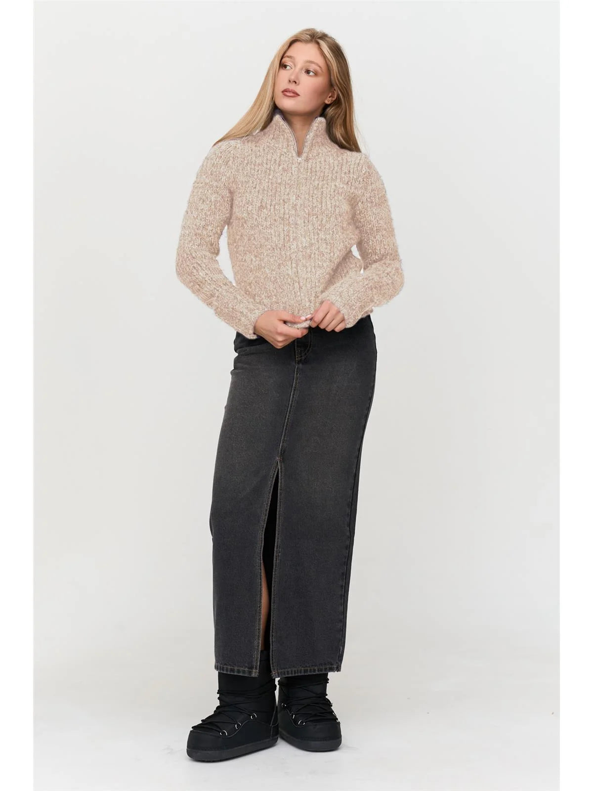 Chunky Zip Cardigan - Beige