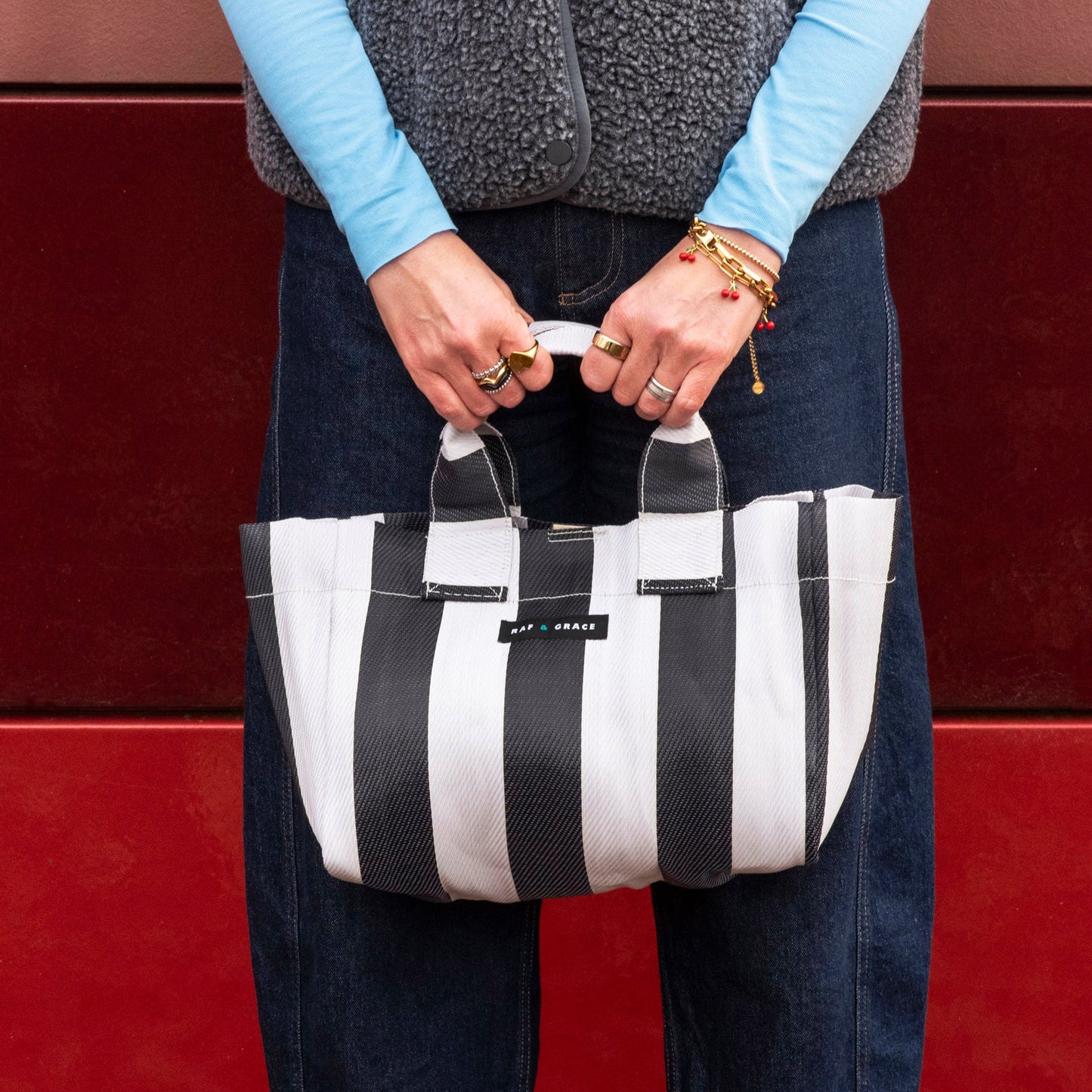Recycled Plastic Striped Micro Shopper Bag - Black & Ecru