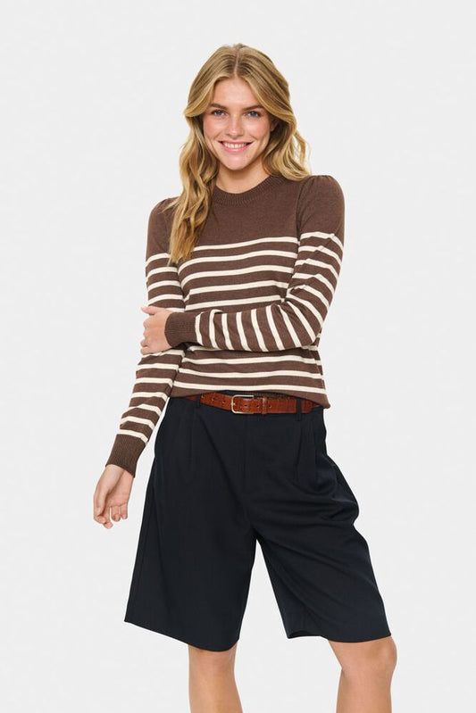 MilaSZ Long Sleeve Striped Pullover - Fondue Fudge Rice