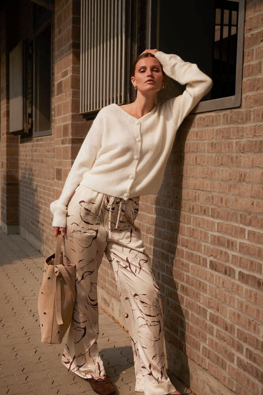 SLClero Flared Printed Trousers - Oatmeal Leaf Print