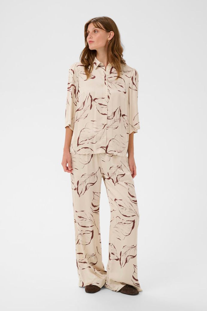 SLClero Flared Printed Trousers - Oatmeal Leaf Print